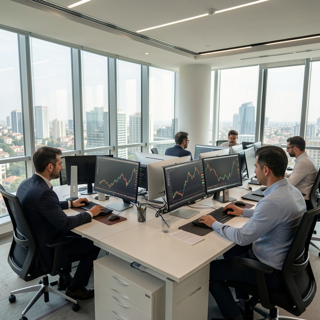 İstanbul manzaralı modern finans ofisi, bilgisayar ekranlarında finansal grafikler ve analistler çalışırken