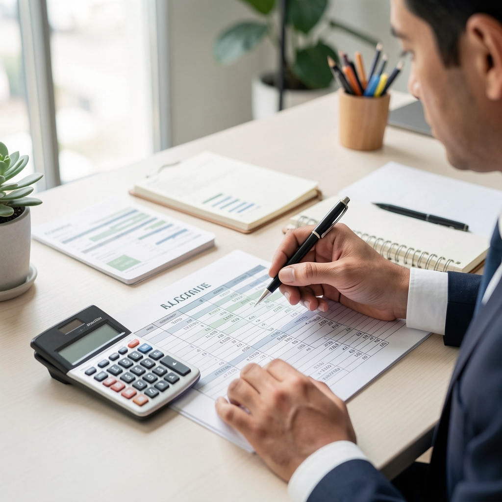 Masa üstünde finansal bütçe planlaması yapan kişi, hesap makinesi ve not defteriyle aylık gider tablosu hazırlıyor